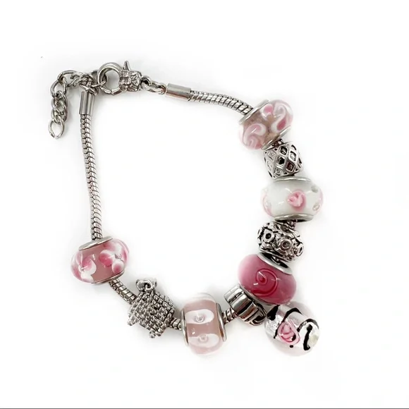 Silver & Pink Glass Bead Charm Bracelet 7-8” - Picture 1 of 10